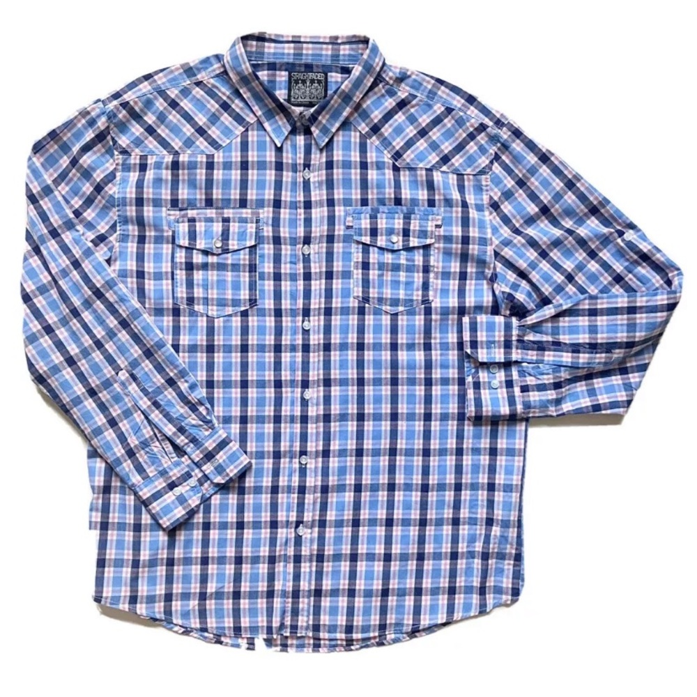 Straight Faded XXL Button Down Shirt Plaid Roll Tab Sleeves Pink Blue